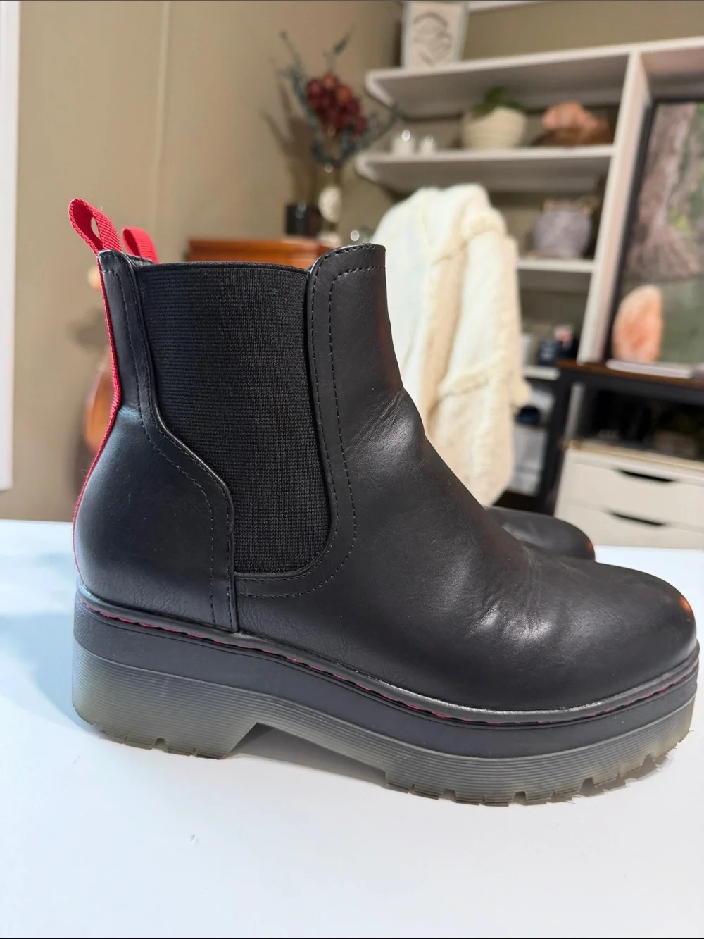 MIA Black CAYSON Chelsea Platform Ankle Boots with Red Pull Tabs